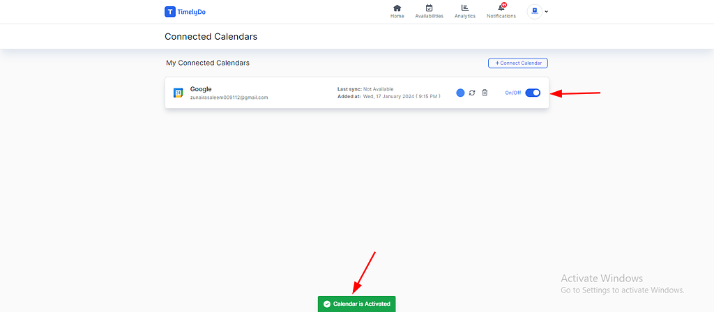 deactivate connect calendar on timelydo