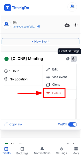 delete event on timelydo