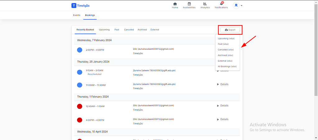 export booking on timelydo